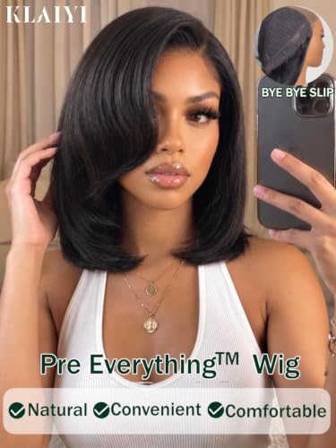 Image of KLAIYI Layered Side Bangs Bob Straight Precut 6x4 Lace Wigs Human Hair 12 inch