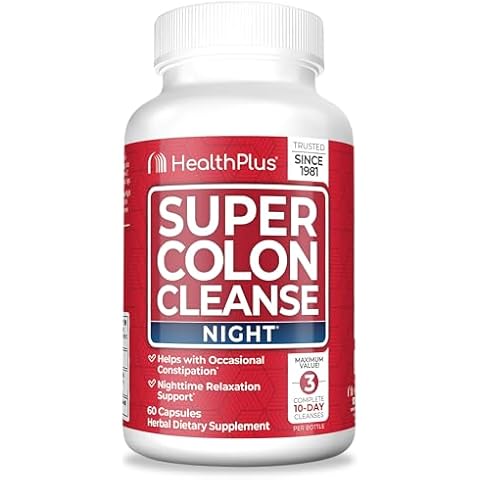 Health Plus Super Colon Cleanse Night Formula Digestive Support | Constipation Relief to Reduce Bloating with Probiotics and Valerian Root for Sleep | More than 1 Cleanse, 60 Capsules Cover