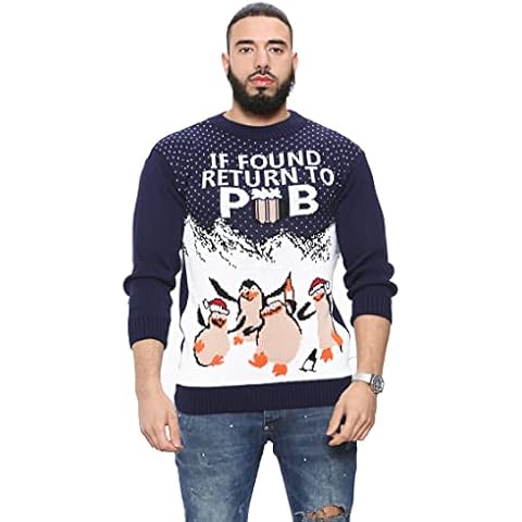 Fashion Forever Mens 'Unisex' Xmas 'If Found, Return to Pub' Banter Funny Novelty Penguin Christmas Jumper (Navy Return to Pub, L) Cover