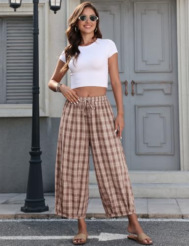 Image of TARSE Women's Plaid Cotton Linen Wide Leg Pants with Pockets