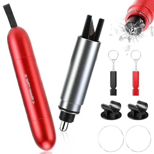 2 Stück Auto Sicherheitshammer, 2 In 1 Gurtschneider Notfallhammer, Nothammer mit Testglas zum Üben, Federkorn Nothammer, Fensterbrecher für Autoscheibe Notfallrettungs Auto(Grau+Rot)