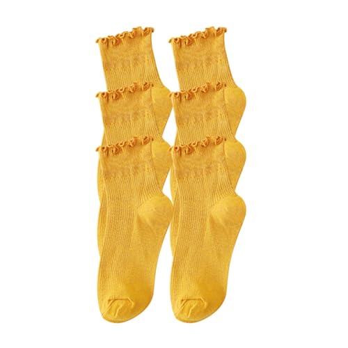 Eiyaclvo 3 Pack Ruffle Socks Women Cotton Turn-Cuff Soft Frilly Breathable Knit Lettuce Trim Cute Casual Crew Ankle Socks Yellow