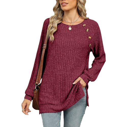 Lu's Chic Women's Soft Pullover Sweater Long Sleeve Top Button Split Crewneck Knit Fall Fashion Work Boat Neck
