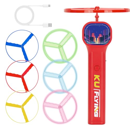 HOMQYTE Rechargeable Disc Launcher with 6 Flying Spinners for Outdoor Activities Game White Elephant Gift Fidget Toys (Red)