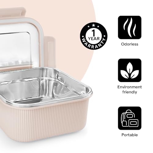 Image of Larah by BOROSIL Freshbyte Food Storage Container with Airtight Stainless Steel Lid | Fridge Container for Lunchbox | Food Grade | Microwave Safe (Beige, 1600 ml, Square)
