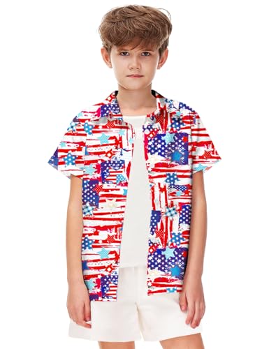 Image of Remimi Unisex Kids 4th of July Button Up Shirt Boys American Flag Print Hawaiian Beach Short Sleeve Tops 5-14 Years