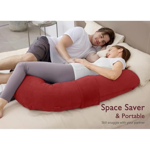 Image of J-Shaped Sleeping Pregnancy Pillow| Removable Velvet Covers| PregnoCare Fibres| Baby Shower Gift, Maternity, Nursing| Full Body Soft-Support Bump, Head, Back, Shoulder, Hips, Legs and Belly (Red)