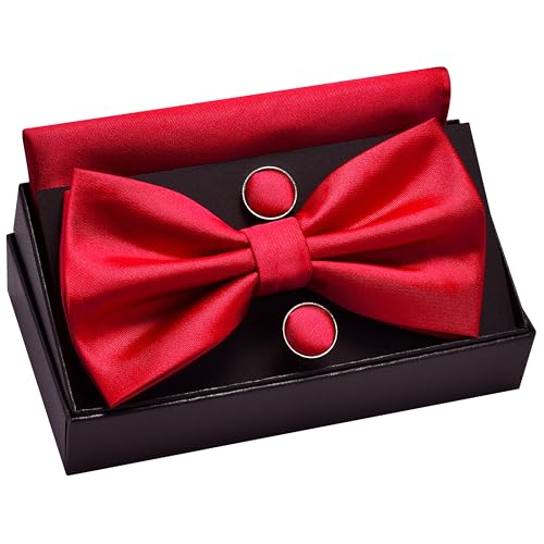 Image of GUSLESON Men's 3-pc Solid Color Bow Tie Gift Set - Double‑Fold Pre-Tied Bow Tie, Pocket Square, Cufflinks - Wedding Formal Party
