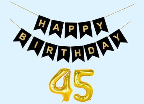 Image of 45th Happy Birthday Decoration Kit Black for 45 year Old Boys Girls Men Women with Number Forty-five Party Decorations Decor Celebration Items Item Set Combo Reusable Paper Banner