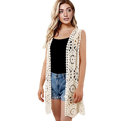 Womens Floral Crochet Lace Boho Trim Sleeveless Open Front Vest Cardigan
