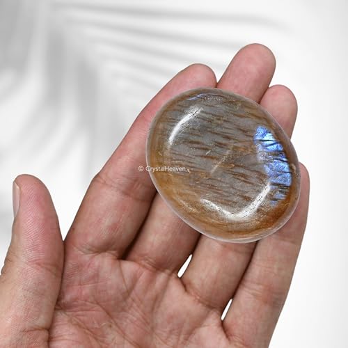 Image of Certified Sun Moonstone Crystal Palm Pebbles Stones for Anxiety Stress Relief Massage - AAA Grade Original Healing Gemstone Agate Palm Stone for Yoga Meditation Spiritual Reiki Feng Shui