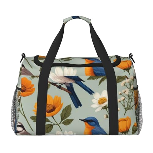 Garden Blossoming Wildflowers Birds Leaves Branches Print Travel Duffle Bag - Foldable Personal Item Travel Bag for Women & Men,13x10.2x19.7