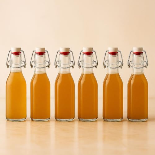 Image of Clear Glass Bottles with Airtight Swing Top Lids - Leakproof Reusable Glass Jars for Juice, Oil, Water, Milk, Kombucha, Vinegar, Beverages - Round, Pack of 6