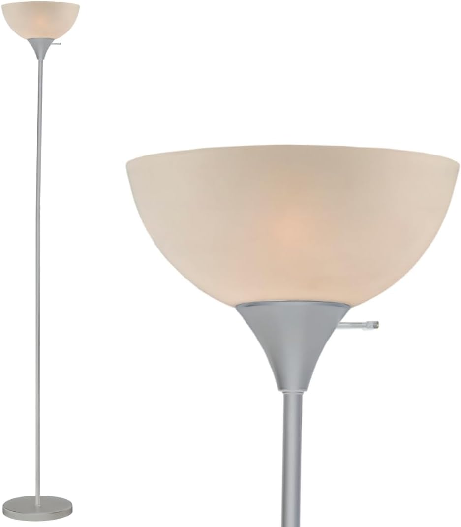 72” Silver Torchiere – Modern Standing Fixture with White Opal Shade – Susan Design for Bedroom, Office, Corner, or Reading – 150W E26 Base Compatible