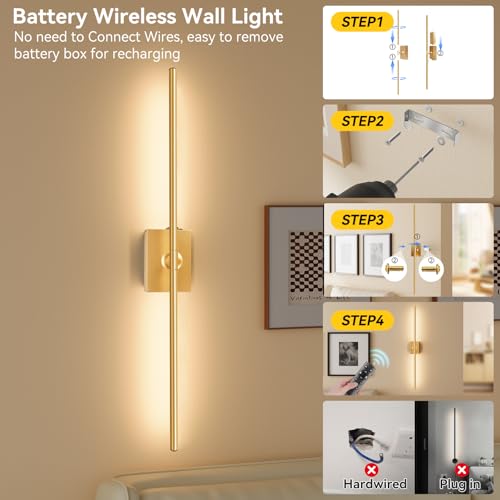 Image of Ouyulong Battery Operated Wall Sconces Set of 2, 10000mAh Wireless Rechargeable 3000-6000K Dimmable 350 Rotate Wall Light with Remote for Living Room, Bedroom 31.6in Gold