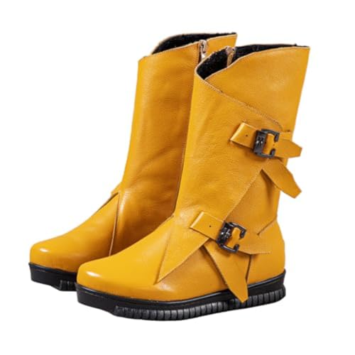 Women's Genuine Leather Side Zipper Flat Mid-Calf Boot Comfort Soft Sole Wide Round Toe Fur Lined Warm Winter Boots Fashion Double Belt Buckle Decoration Non-Slip Lug Flat Boots