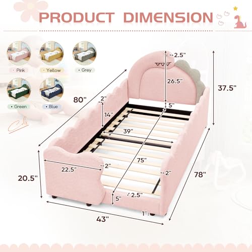 Image of Twin Size Kids Floor Bed Frame, Upholstered Montessori Platform Bed Cute Dinosaur-Shaped Daybed Frame for Girls Boys, No Box Spring Required, Pink