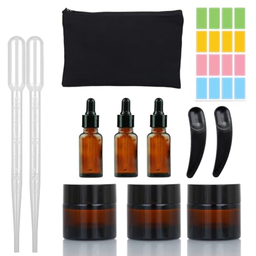 Lot de 6 Ambar Tarros Cristal y Botella Spray, Tarros Cosmeticos en Vidrio Marrón con Tapas, Ámbar Botes Pequeños de Cristal con Bolsa Almacenamiento, Etiquetas, Lociones, Herramientasembalaje