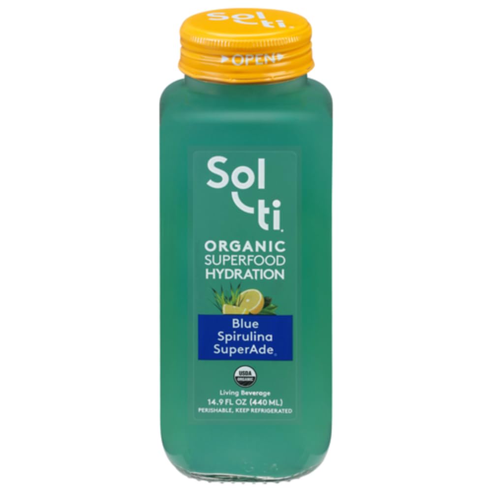 Organic SuperAde Hydration Drink, Boosts Memory, SuperFood Lemonade by Sol-ti, Cold-Pressed Blue Spirulina and Lemon Juice Blend, 16 Pack (14.9 Fl oz)