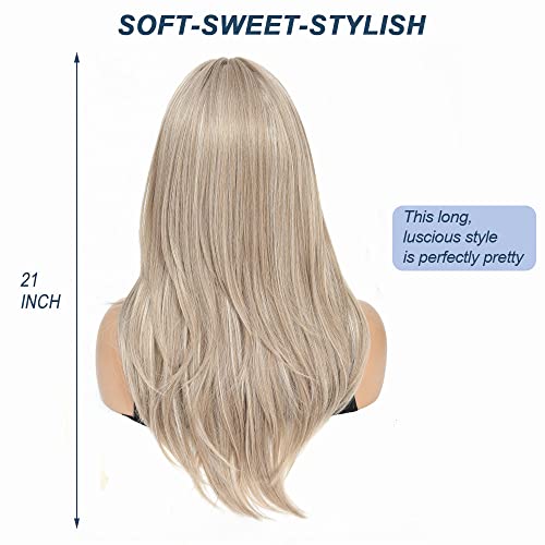 Ash Blonde Wig with Fringe Synthetic Mixed Blonde Wigs for Women Long Slight Curly Layered Wig for Daily and Party Wear - Image 4