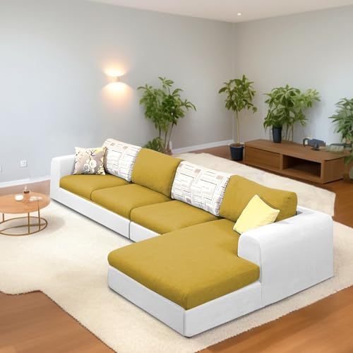 Image of Koza RHS 6 Seater L Shape Sofa Set for Living Room (Yellow Grey Fabric) Premium Fabric Sofa