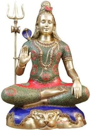 Vittu Kalai Brass Shiv with Trishul | Bhole Bhandari Statue | Big Size Multicolor Idol for Temple/Home Decor/Gift Item | L x B x H - 15 x 9 x 22.5 in inches/Weight - 17.3 Kg