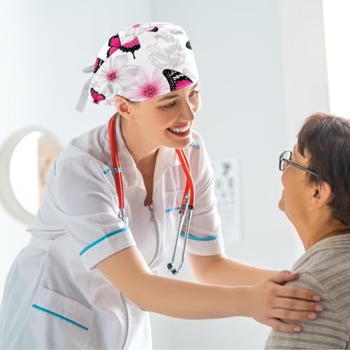 Image of Colored Butterflies Scrub Caps Women, Adjustable Working Cap with Button, Surgical Caps with Bow Hair Scrunchy