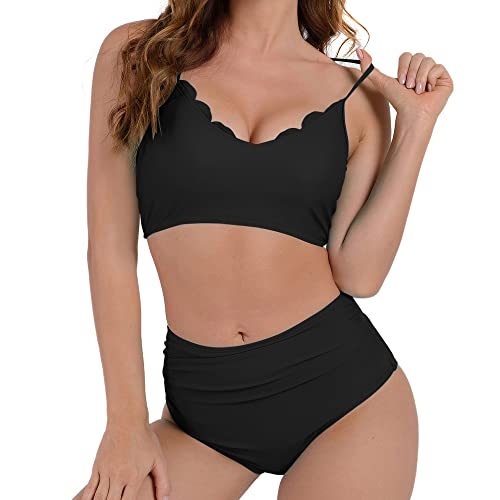 Tuopuda Femme Maillots de Bain 2 Pieces Bikini Vintage Taille Haute Volants Couleur Unie Swimwear De Plage Bikini de Plage(Noir, XXL)