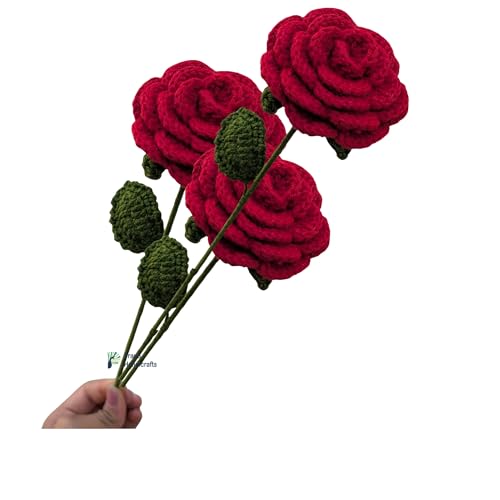 Image of Prapti Handicrafts Handmade Crochet Red Rose Artificial Flowers for Vase, Home Decoration (3, red Rose)