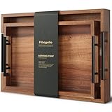 Fibogollo Acacia Wood Set of 2 Serving Tray with Metal Handles,Ottoman Decorative Trays Platter for Coffee Table,Living Room,Bar,Party