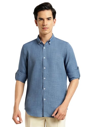 Image of Thomas Scott Men's | Solid | Textured Fabric | Full Sleeve | Slim Fit | Polyester-Blend | Spread Collar | Casual Shirt