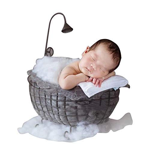 EKUEE Newborn Baby Photo Props Basket, Wooden Small Bathtub Props Professional Baby Posing