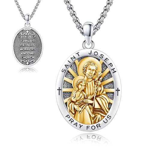 St Joseph Medal Necklace for Men Women, 925 Sterling Silver Patron Saint Medal Necklace Catholic Protection Pendant Amulet Religious Jewelry Gifts