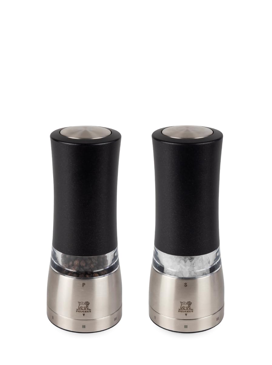 PEUGEOT -Duo Moulin à Poivre + Moulin à Sel Électriques Daman u'Select 16cm -6 Réglages De Moutures Prédéfinies -Grains De Poivre +Sel Gemme Inclus -En Aluminium -Designé En France -Coloris Noir Irisé