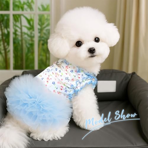Floral Dog & Cat Dress with Tutu Skirt - Breathable Stretch Pet Clothes for Small Dogs Girl Cats & Puppies Birthday Party Outfit (Blue,Small) - Image 3