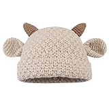 CORIRESHA Unisex Cute Horns Bear Ears Beanie Winter Crochet Hat Animal Lover Gift Beige