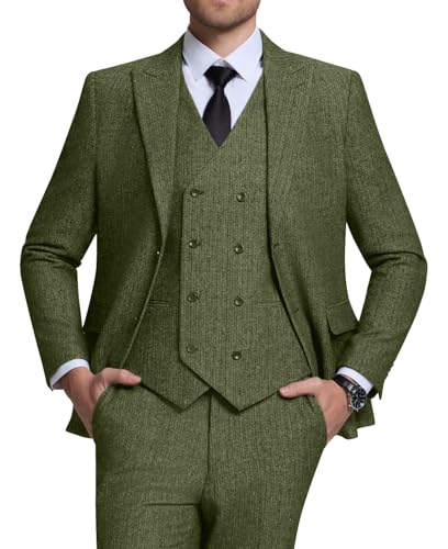 Mens Retro 3 Pieces Suits Tweed Herringbone Slim Fit Classic Winter Tuxedo Jacket Vest Men Suit for Wedding Prom