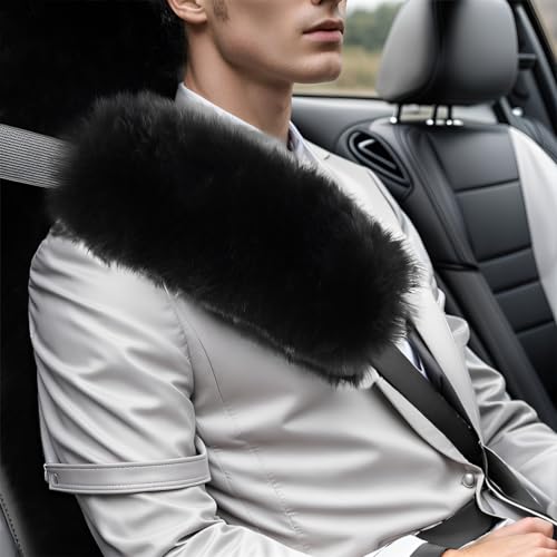 Image of 2 Pack Sheepskin Car Seat Belt Cover Pads | Long Wool Seatbelt Cushions