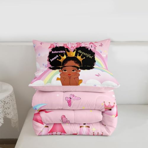 Image of Erosebridal Black Girls Queen Comforter Set Pink Rainbow Princess Bedding Set for Kids Nursery African American Quilt Set Black Princess Girl Duvet Insert Pretty Little Girls Inspirational Bed Set