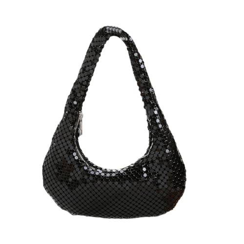 Afashor Womens Metallic Evening Bag Cute Hobo Handbag Fashion Shiny Moon-shaped Shoulder Purse (Black)