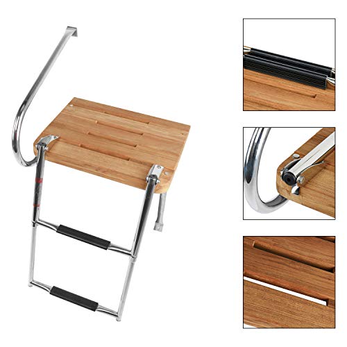 DasMarine Universal Outboard Teak Wooden Swim Platform Under Mount Fold Down 2 Step 316 Stainless Steel Ladder with Single Handrail(Mounting Screws are Included)