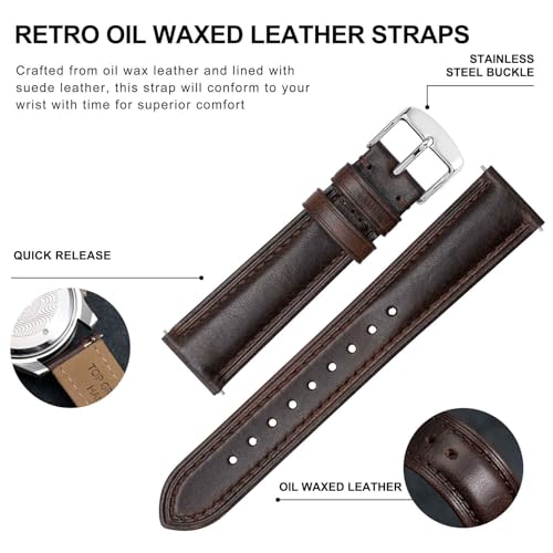 BISONSTRAP Retro Leather Watch Straps for Men, Oil Waxed Calfskin Replacement Band, Quick Release, Band Width 18mm 19mm 20mm 22mm
