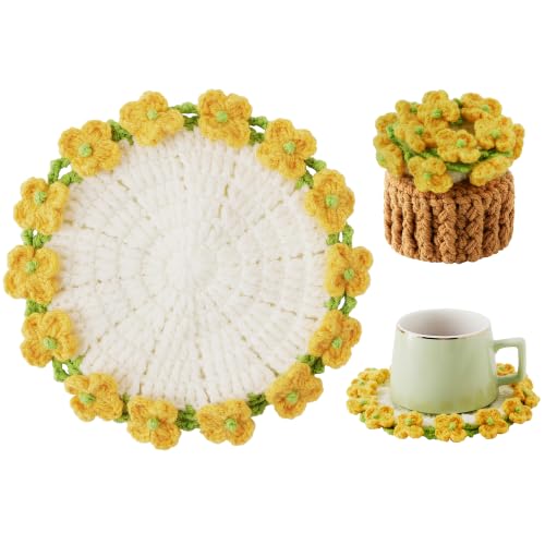 Crochet Flower Coasters, Handmade Bouquet Coasters with Crochet Plant Pot (Yellow and Green, 1Pc)