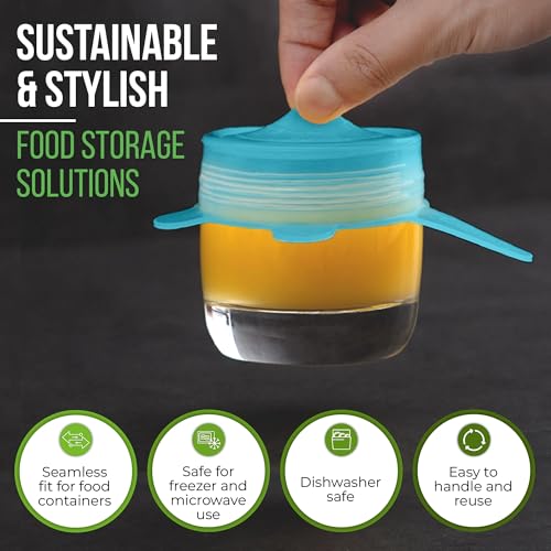 Image of Reusable Silicone Stretch Lids for Food Storage in Fridge - Elastic Heat-Resistant Bowl Covers, Cups, Cans, Jars - Universal Food Grade Lid for Containers - 7 Pack - Blue Mist Stretchy Lid Set