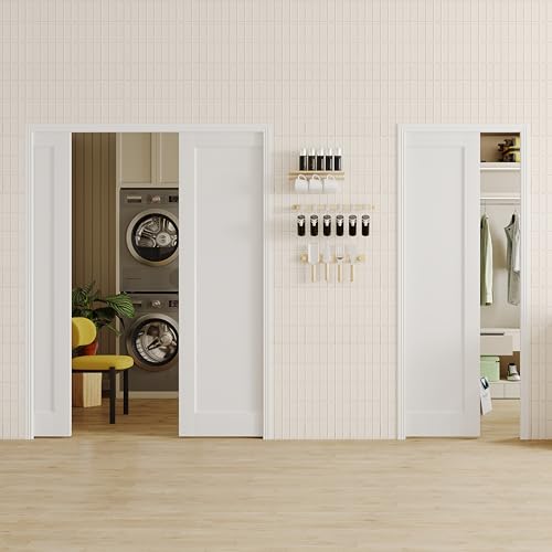 Image of Sliding Pocket Door, 60in.(Double 30 in.) x 80 in, 1-Panel Core with Frame and Hardware Kit Set, Interior Doors for Pocket Door, White Primed - No Panel Assembly Required