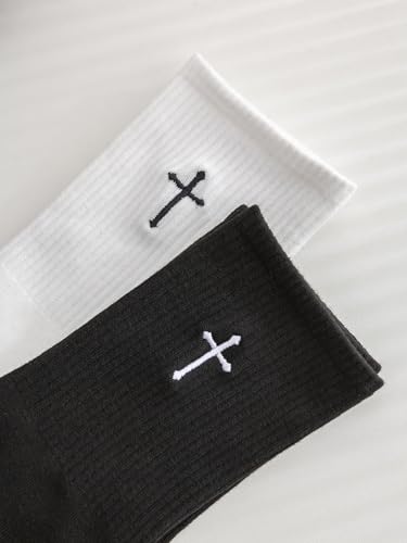 SHENHE Men's 2 Pairs Cross Print Embroidered Geo Crew Socks Knit Soft Daily Socks3