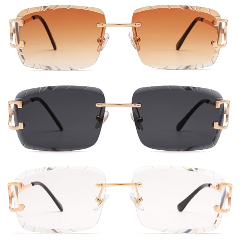 Image of Hycredi Rimless Rectangle Sunglasses for Men /Women- Frameless Square Trendy Shade - Diamond Cutting Eyewear