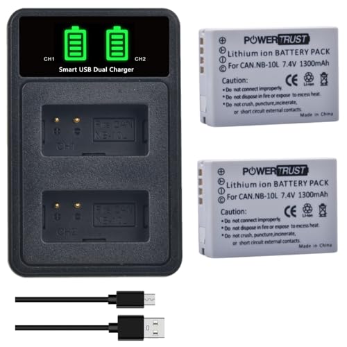 PowerTrust 2 baterías NB 10L con cargador tipo c para Canon PowerShot G3 X, G16, G1 X, G15, SX40 HS, SX50 HS, SX60 HS