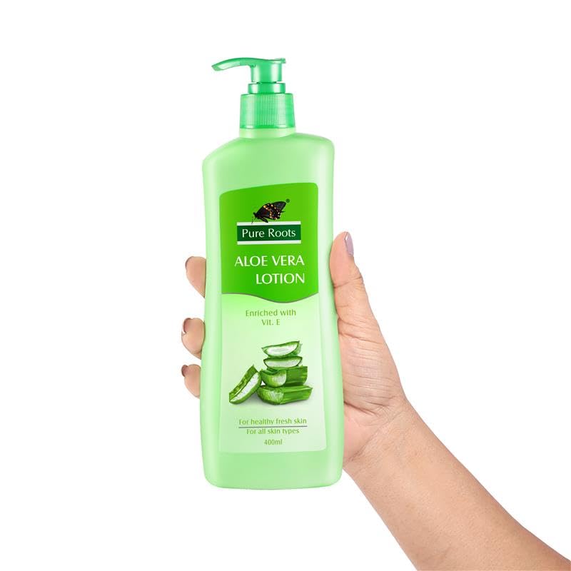 Image of Pure Roots Body Lotion Aloe Vera 400ml - Pack of 2 - Moisture Nourishing Lotion for All Skin Types, Fast Absorbing, Non-Sticky, Instant Hydration in Summer for Men & Women Soothing Skincare