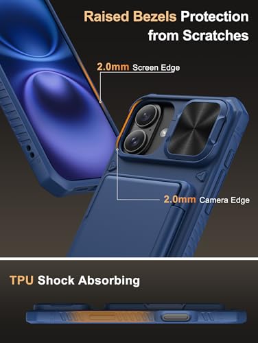 Image of Vihibii for iPhone 16 Plus Wallet Case with Card Holder (4 Cards) [RFID Blocking] & Slide Camera Cover & Raised Edges Protect Screen, Shockproof Rugged Phone Cover for iPhone 16 Plus 6.7 inch 2024, Blue